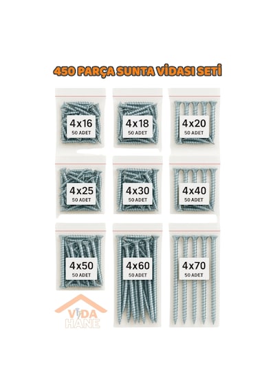 Vida Hane Ağaç Ve Sunta Vidası Seti 450 Parça / 9 Çeşit Vida - 4x16 - 4x70mm Diğer