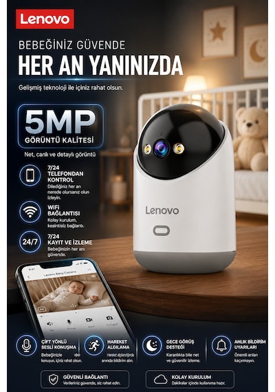 Lenovo 5mp Wifi Bebek Evcil Hayvan Yaşlı Bakım Kamerası Gece Görüşlü Bebek Kamerası