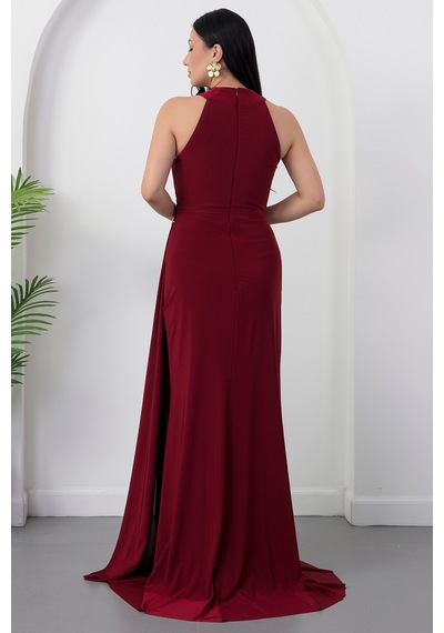 Kalopya Halter Yaka Drapeli Tokalı Abiye Elbise Ecr5862 Bordo