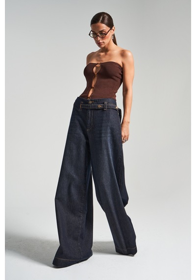 Itsbasic Kadın Koyu Kot Rengi 2w5-128 Süper Palazzo Fit %100 Koton Kemer Detaylı İç Boy 83cm Denim Jean