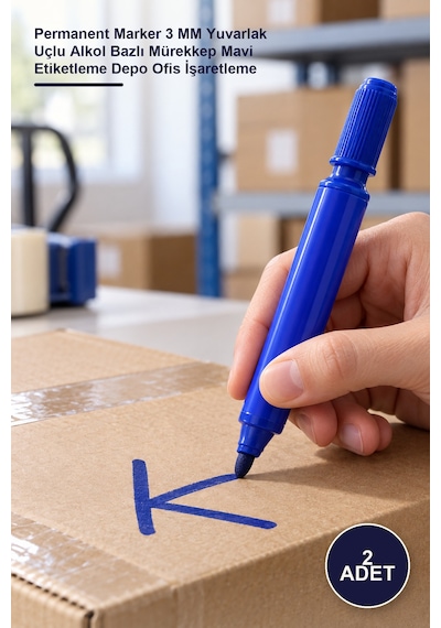 2 Adet Koli Kalemi Permanent Marker 3 Mm Yuvarlak Uçlu Alkol Bazlı Mürekkep Mavi Etiketleme Depo Ofis İşaretleme