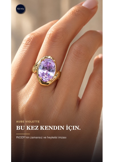 Riody Aube Violette Gold Kaplama Doğal Lila Kedi Gözü Taşlı Açık Form Kadın Yüzük Altın Sarısı