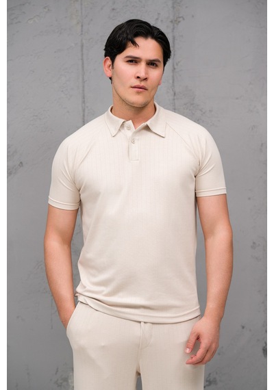 Mass Plus Regular Fit Likralı Kendinden Çizgili Yarım Baggy Pantolonlu T-shirt Takım Krem