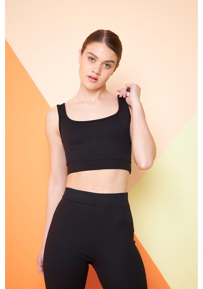 Thiff Gymwear Yeşil Fitilli Kare Yaka Esnek Örme Crop Büstiyer Atlet Siyah