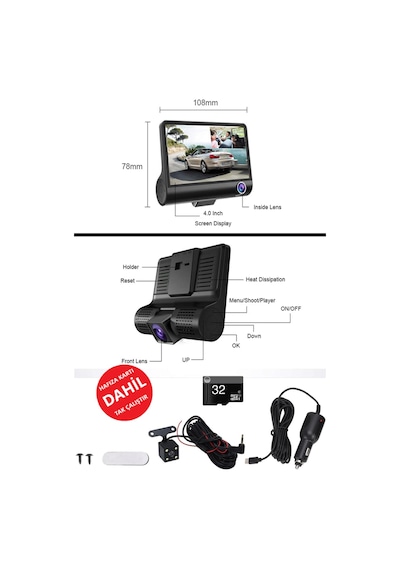 3 Kameralı Araç İç Ön Ve Arka Yol Video Kaydedici Sürüş Güvenliği Kamerası G-sensor 4inç Büyük Ekran
