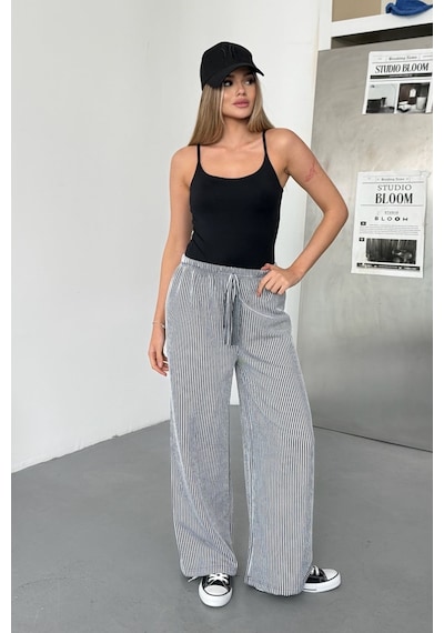 Giysa Kadın Beli Lastikli Bol Paça Çizgili Pantolon Lacivert - 26y 5004