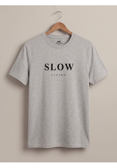Maccali Erkek Gri Slow Living Baskılı Bisiklet Yaka Bol Kesim Tişört