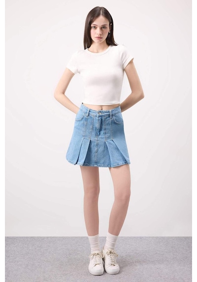 Defacto Fashion Fit Pileli Jean Mini Etek B9853AX24SMNM39 Mavi