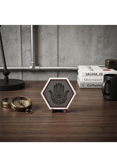 Sanatsal Hamsa Motifli Masaüstü Dekoru, Yaşam Alanlarınızda Modern Bir Atmosfer Yaratan Şık Tasarım 10x10 Cm, Kül Gri