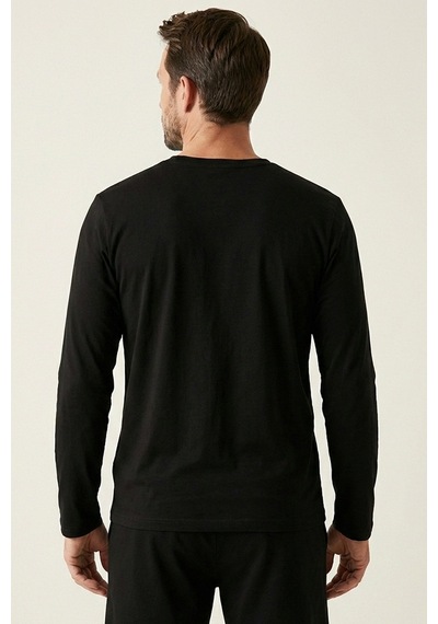 Elemge %100 Pamuk Süprem Uzun Kollu Pijama Üstü Erkek T-shirt Compact Penye Rahat Kalıp Tok Kumaş Siyah