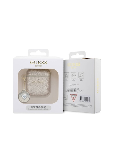Apple Uyumlu AirPods Kılıf Guess Lisanslı Glitter Elmas Kalp Süs Zincirli Gold