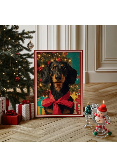 Sevimli Köpek Noel Duvar Sanatı, Kırmızı Fiyonklu Şenlikli Tatil