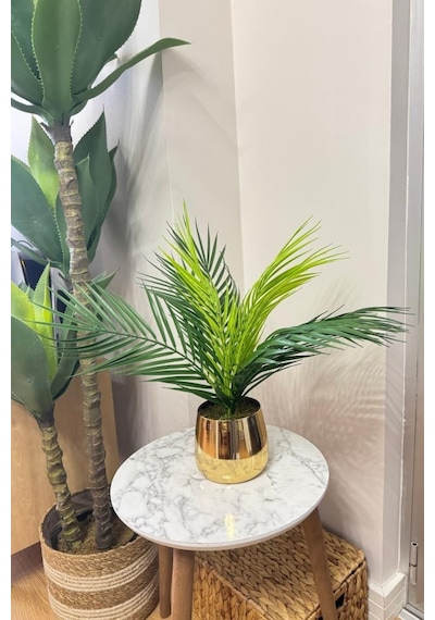 Yapay Çiçek Palmiye Areka Yapay Bitki Gold Metal Saksı Salon Çiçeği 9 Yaprak 50cm