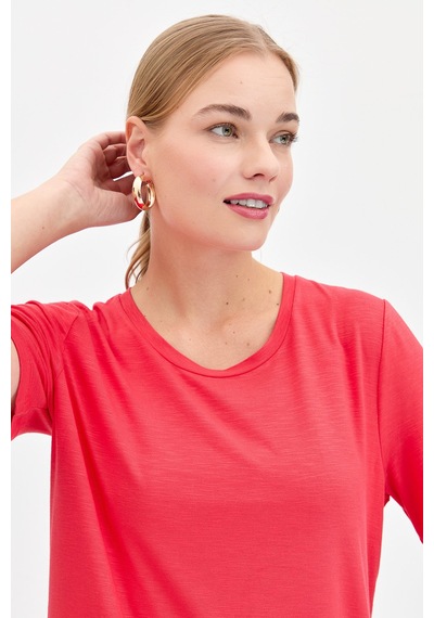 Kadın Sıfır Yaka Flamlı Kumaş Penye Tshirt Mercan MERCAN