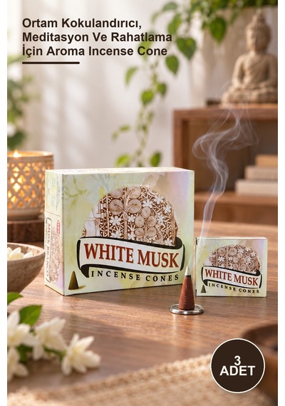 3 Adet White Musk Aromalı Konik Tütsü Ortam Kokulandırıcı, Meditasyon Ve Rahatlama İçin Aroma Incense Cone