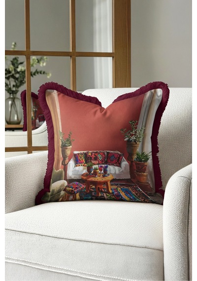 Etnik Otantik Şark Köşesi Saçaklı Yastık Kılıfı - Kiremit Bordo Püsküllü Kırlent Kılıfı - 40x40 Cm Uzak Düş Halo