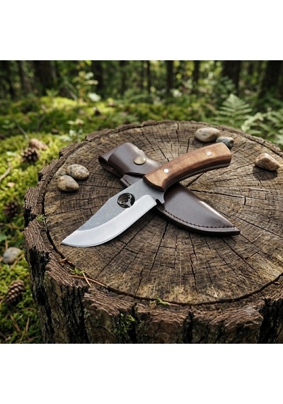 Knivox El Yapımı Geyik Motifli Avcı Bıçağı - Doğal Ahşap Kabza Deri Kılıflı Kamp Bıçağı Çok Renkli