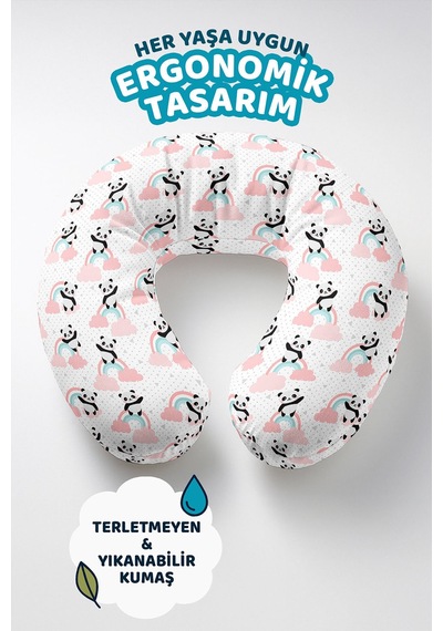 Panda Gökkuşağı Desenli Ergonomik Boyun Yastığı - Sevimli Pastel Pembe Mavi Seyahat Yastığı Çok Renkli
