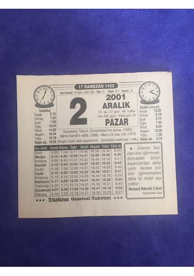 2 Aralık 2001 Takvim Yaprağı - Nostalji Koleksiyonluk Takvim Yaprağı C