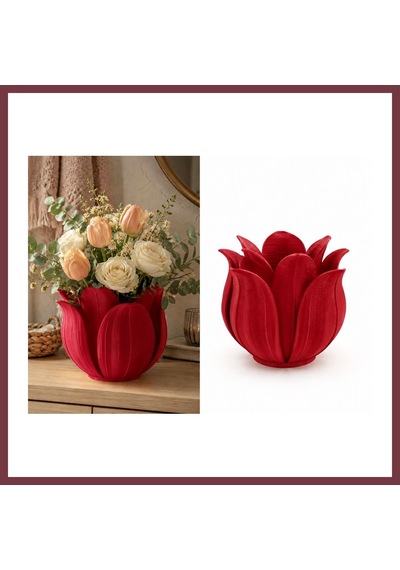 Storeşahin 3d Baskı Lotus Yapraklı Vazo - Dekoratif Çiçeklik-kırmızı Shn0720