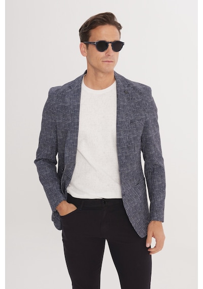 Ac&Co / Altınyıldız Classics Erkek Lacı Slim Fit Dar Kesim Mono Yaka Kazayağı Desenli Ceket Lacı Lacivert