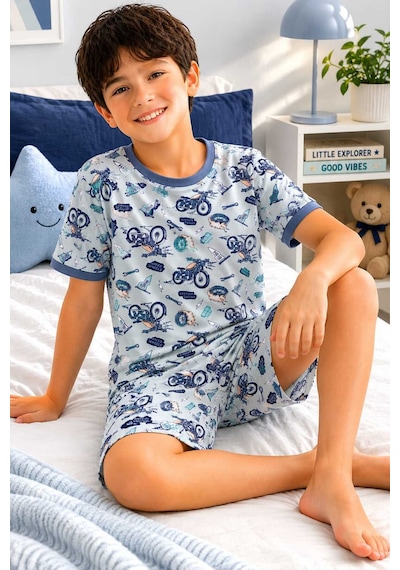 Tenra Erkek Çocuk Pamuklu Şortlu Pijama Takımı 3-12 Yaş Yeşil