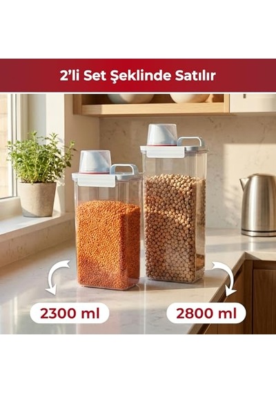 2'li Büyük Boy Saklama Kabı Ölçekli Kapak, Sızdırmaz Erzak Bakliyat Ve Deterjan İçin Çok Amaçlı Set 230 Diğer
