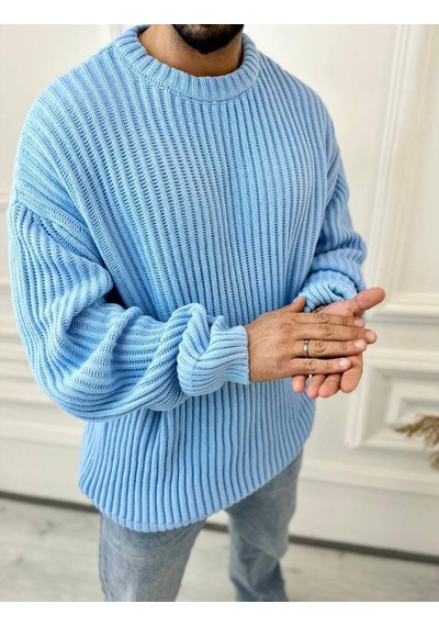 Elku Moda Oversize Kazak Bol Kesim Tüylenmeyen Salaş Triko Kazak Mavi