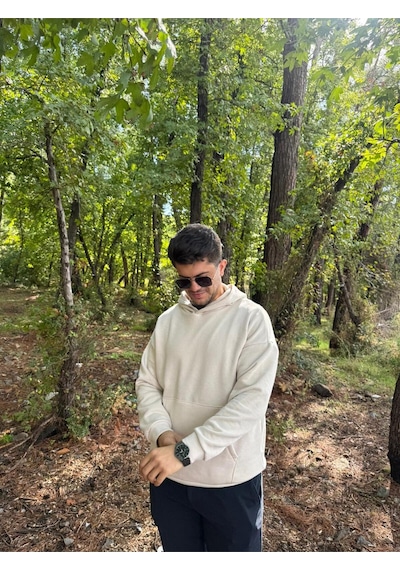 Erkek 3 İplik Basic Oversize Kanguru Cepli Kapüşonlu Sweatshirt Ekru