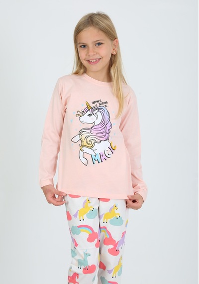 Kız Çocuk Uzun Kollu %100 Pamuklu Pijama Takımı Happines Somon SOMON