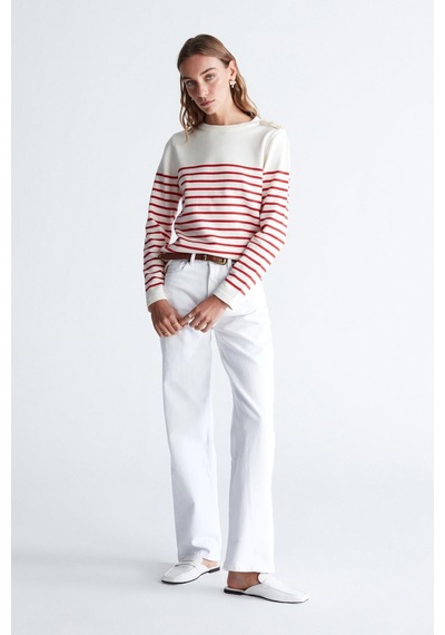 Styleboom X Peraluna Audrey Pullover Omzu Düğmeli Çizgili Organik Pamuk Mevsimlik Kadın Triko Kazak Ekru/kırmızı-ekru Ekru