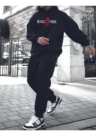 Beast Mode Eşofman Takımı Sweatshirt Jogger - Siyah Baskılı Oversize Şardonlu Kapüşonlu Siyah Beast Mode Eşofman Takımı Sweatshirt Jogger - Siyah Baskılı Oversize Şardonlu Kapüşonlu Siyah