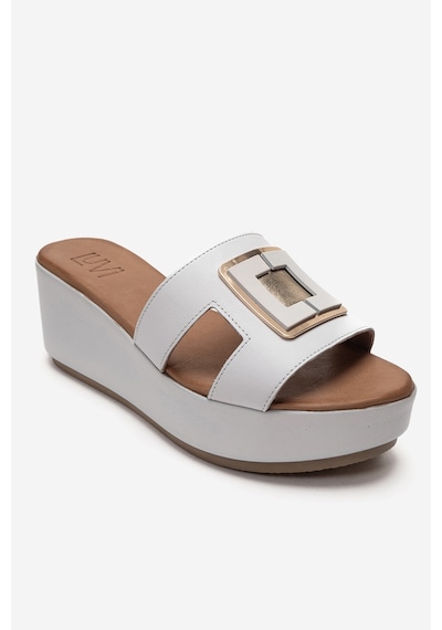 Luvishoes Hıola Beyaz Hakiki Deri Tokalı Kadın Dolgu Topuklu Terlik