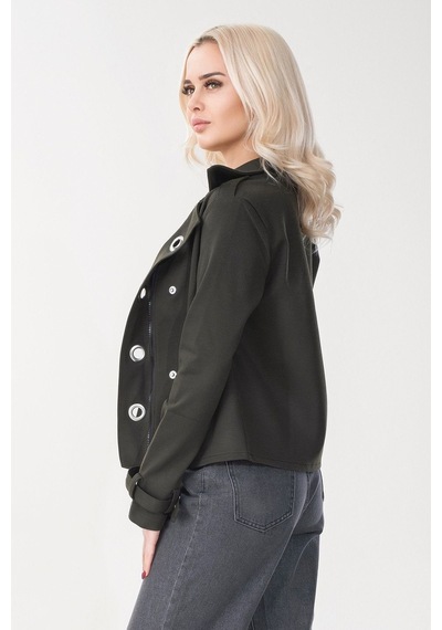 Bold & Young Kadın Viskon Polyester Likralı Kumaş Kol Ucu Toka Bantlı Kuş Gözü Aksesuarlı Çıt Çıtlı Cepli Ceket Haki