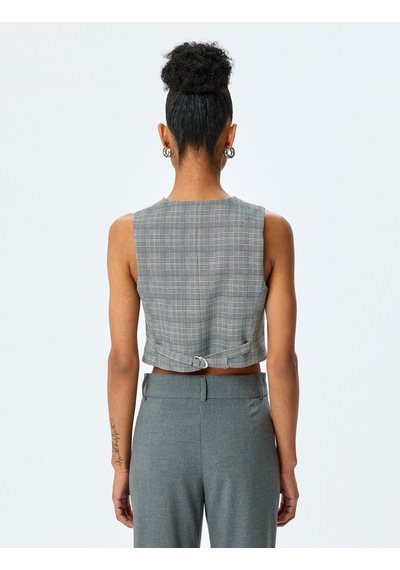 Koton V Yaka Viskon Karışımlı Cepli Slim Fit Ekose Kolsuz Crop Yelek Gri Ekose 5sak20086ew Gri Ekoseli Gri