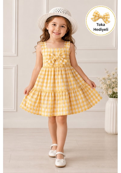 Esila Kids Kız Çocuk Ekose Elbise Toka Hediyeli Fiyonklu Askılı Katlı Etekli Yazlık Model Sarı