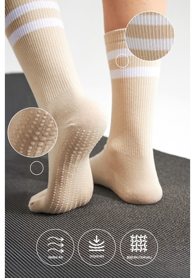 Bamboo Star Bambu Kadın Krem Kaydırmaz Taban Silikon Baskı Yoga Fitness Pilates Bale Dans Tenis Çorabı 3'lü