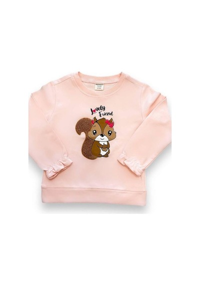 Kız Çocuk Sincap İşlemeli Sweatshirt-14667 Pudra