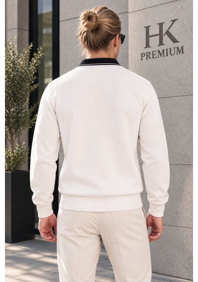 Hk Premium Erkek Polo Yaka Kontrast Çizgili Fitilli Triko Kazak Uzun Kollu, Dokulu Örme Kazak Bej Hk Premium Erkek Polo Yaka Kontrast Çizgili Fitilli Triko Kazak Uzun Kollu, Dokulu Örme Kazak Bej
