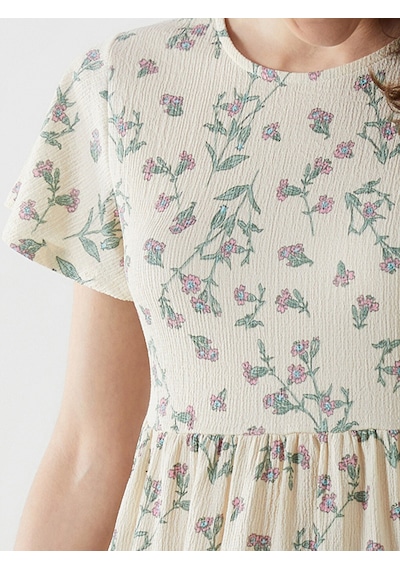 Lcw Comfort Ekru Bisiklet Yaka Çiçekli Mini Elbise