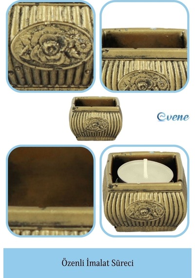 Eskitme Mumluk Şamdan Tealight Mum Uyumlu Mini Çizgili Çiçekli Model - Altın Eskitme