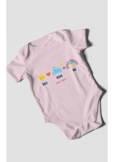 Morivokids Dad Mom Me Sweet Family Kısa Kollu Bebek Body %100 Pamuk Bebe Pembe