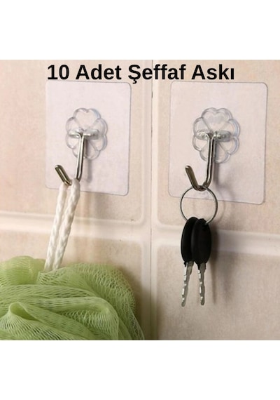 10 Lu Şeffaf Yapışkanlı Duvar Askısı, Kendinden Yapışkanlı Güçlü Kanca Çok Amaçlı Şeffaf
