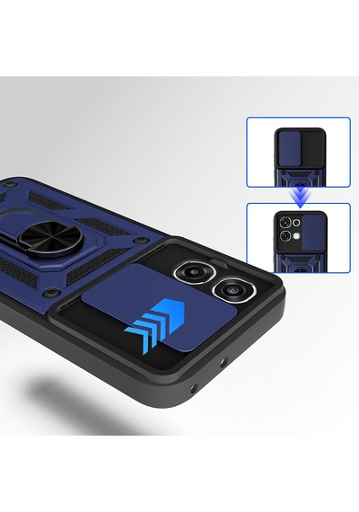 Maks Technology Oppo A6 Pro Uyumlu Kılıf Magnetik Standlı Kamera Korumalı Mkst Sürgülü Vega Kapak - Mavi