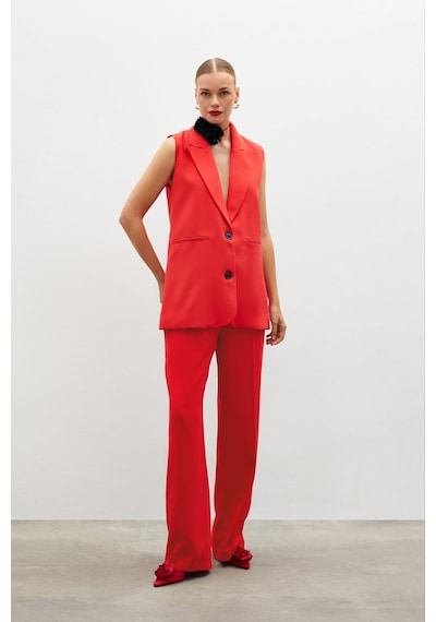 Sateen Pile Detaylı Salaş Pantolon - Kırmızı
