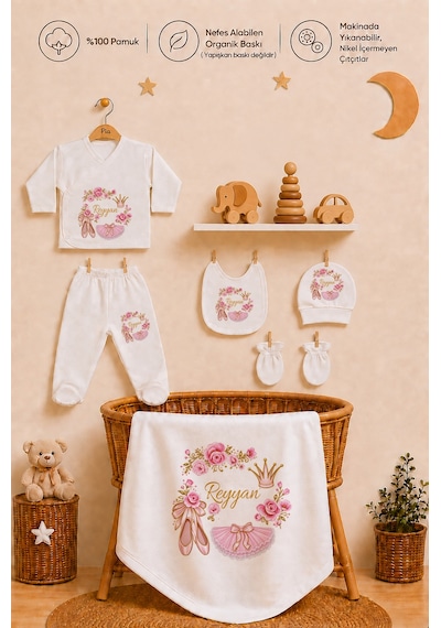 Pia Baby İsimli Kız Bebek Hastane Çıkışı 10 Parça %100 Pamuk Organik Baskılı Kişiye Özel Set 209010yx Ekru