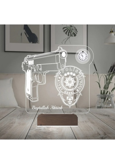 Luvivia Polis Logo Tasarımlı Hediye Kişiye Özel Metal Saatli 3d Lamba - Masa Gece Lambası Şeffaf