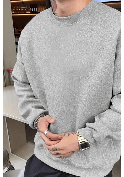 Barlashive Erkek Düz Bisiklet Yaka 3 İplik Pamuklu Sweatshirt - Gri Çok Renkli
