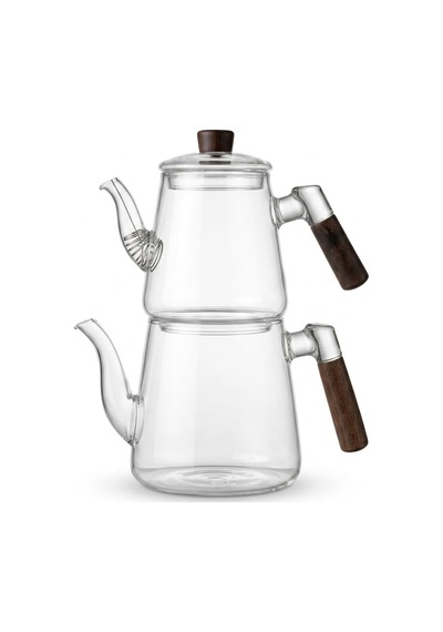 1000 Ml + 750 Ml Akasya Ahşap Kulplu Cam Çaydanlık Takımı - Isıya Dayanıklı Borosilikat Pürüzsüz Şeffaf Tasarım, Yaylı Süzgeçli Lüks Çaydanlık Çok Renkli
