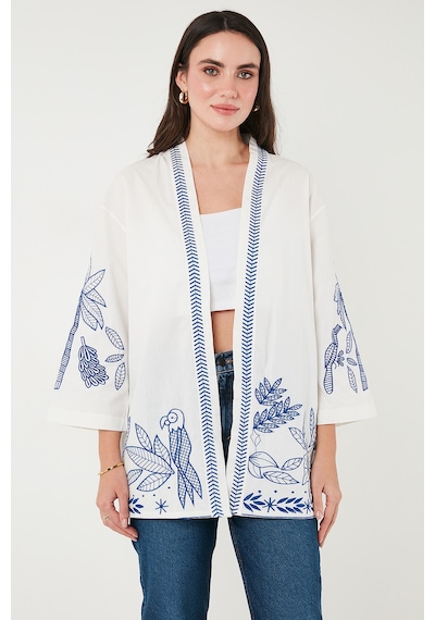 Lela Nakış Işlemeli Pamuklu Oversize Fit Truvakar Kol Bayan Kimono 676302 Ekru